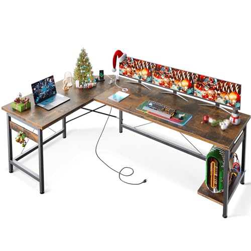 Coleshome 66" L Shaped Gaming Desk with Outlet, L Shaped Desk with CPU Stand, Corner Computer Desk, Home Office Desk, Writing Desk, Vintage - Vintage - 66 inch with Power Outlet