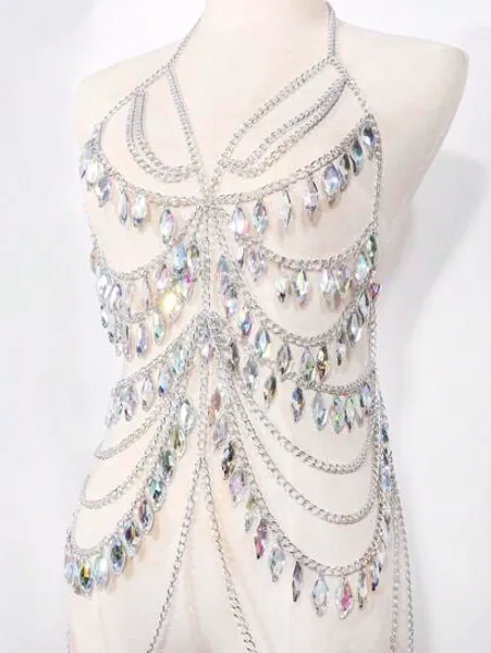 1pc Women's Charming Rhinestone Decorated Long Body Chain With Sexy Straps, Perfect For Parties Or Dances
