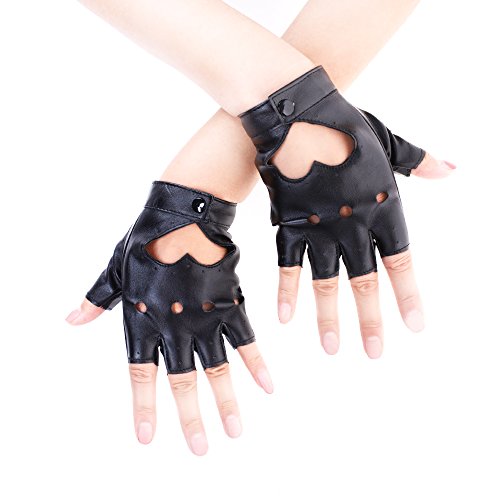 JISEN Women Heart Cutout Punk Half Finger PU Leather Performance Gloves - A-black