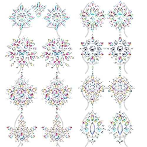 8 Sheet Rhinestone Pasties Glitter Pasties Breast Covers Crystal Tattoo Jewels Pasties Rave Adhesive Breast Body Gems Temporary Chest Stickers Stick Decoration Pasties for Women Festival Makeup Decor