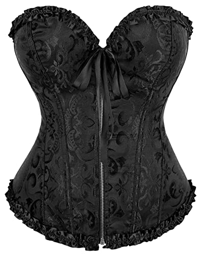 Moessa Women's Lace Up Boned Overbust Corset Bustier Lingerie Bodyshaper Top - Small - Black