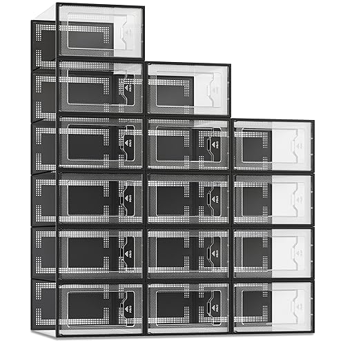 SEE SPRING Large 15 Pack Shoe Storage Box, Clear Plastic Stackable Shoe Organizer for Closet, Space Saving Foldable Shoe Rack Sneaker Container Bin Holder (Black) - 15 Count Fit Size 9 - Black