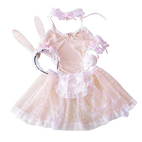 TOMORI Womens Sexy Lingerie Set Rabbit Girl Stars Printing Sleepsuit Chiffon Lace Pajamas with Headband (M, White)