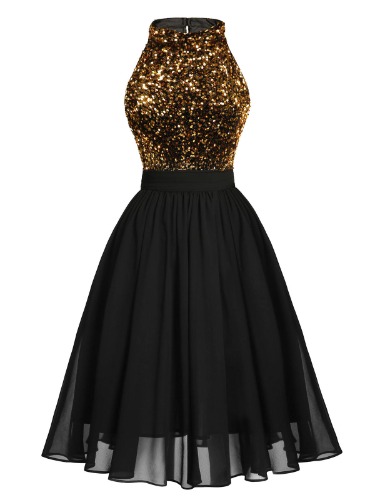 Black 1950s Gold Glitter Patchwork Dress | Black / XL / 10~12