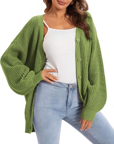 QUALFORT Women's Cardigan Sweater 100% Cotton Button-Down Long Sleeve Oversized Knit Cardigans - Light Green X-Large