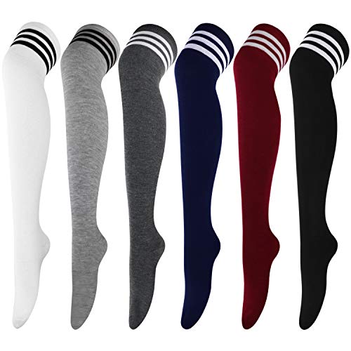 DRESHOW Sexy Elástico Calcetines Hasta Escuela de Cosplay Sobre la Rodilla Medias Hasta el Muslo Calcetines Largos Calientapiernas para Niñas y Mujeres - Talla única - 6 Pairs A: Burgundy, Navy, Black, White, Dimgrey, Grey