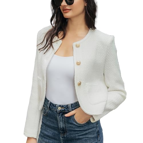 URBAN REVIVO Women's Long Sleeve Cropped Tweed Jacket with Pocket Elegant Slim Fit Work Office Business Short Tweed Blazer - White-style2 - X-Small