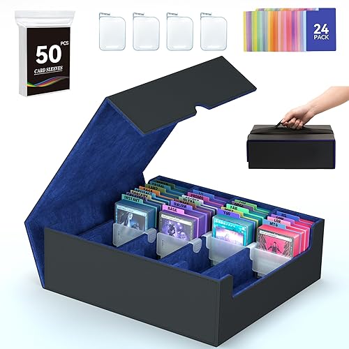 ENTUMO 4-Row【3200+】 Trading Card Storage Box, Card Organizer Holder With 50 Sleeves & 24 Dividers, Case Fit for Mtg Tcg Magic Commander Deck Playing Cards, Deck Box for Baseball Sport Card - Blue - 3200+