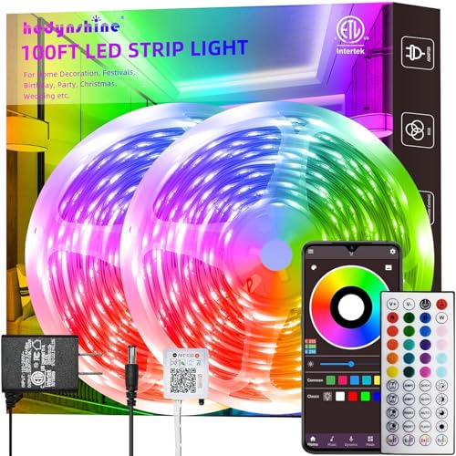 HEDYNSHINE 100Ft Smart LED Strip Lights, Dimmable Color Changing by APP and 40Key Controller Indoor led Strip Lights, Sync to Music,led Lights for Bedroom - 100ft
