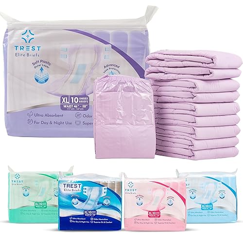 TREST Elite Briefs for Men and Women, Overnight Diapers for Incontinence, Elite Absorbency, Comfortable, Odor Neutralizing and Secure Fit with 2 Wide Tabs - Purple, X-Large (Pack of 10) - Purple - X-Large (Pack of 10)