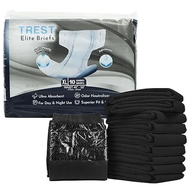 Trest Elite Briefs for Men and Women, Overnight Diapers for Incontinence, Elite Absorbency, Comfortable, Odor Neutralizing and Secure Fit with 2 Wide Tabs - Black, XLarge (Pack of 10)