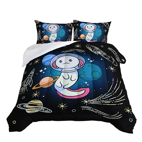 HOSIMA Axolotl Bedding Set for Kids Bedroom Decor,Space Cartoon Axolotl Pattern Kawaii Bedding Set,Wildlife Animals Reptile Toddler Comforter,Queen Comforter Set with 2 Pillowcase. - Blue-black - Queen