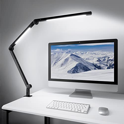 MediAcous LED Desk Lamp with Clamp, Dual Light Sources Desk Light for Home Office, Flexible Swing Arm, 4 Color Modes & 4 Brightness, Eye-Caring Clip-on Lamp with Memory Function for Work Study, 12W - Black