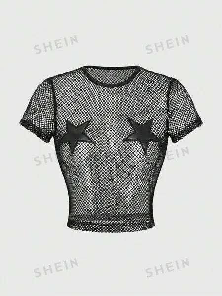 ROMWE Grunge Punk Black Punk Light Rock Five-Pointed Star PU Zipper Mesh Perspective Tight Top For Summer
