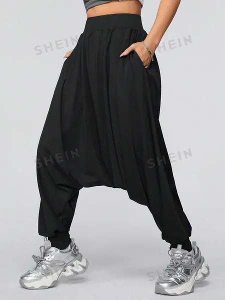 SHEIN Coolane Women's Streetwear Sportswear Blockcore Sport Casual Solid Color Ultra-Loose Drop-Crotch Wide-Leg Pants