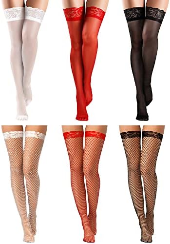 Xuhal 6 Pairs Women Thigh High Stocking,anti Slip Elastic Lace Top Silky Sheer Fishnet Thigh High Stocking over The Knee Pantyhose Hosiery for Women Girls