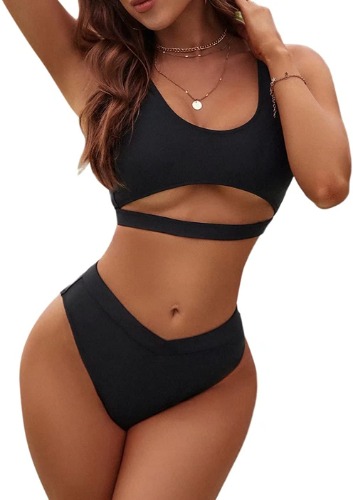 Blooming Jelly Womens Cheeky High Cut Bikini Set Cutout High Waisted Swimsuits Backless 2 Piece Bathing Suits - Small Black