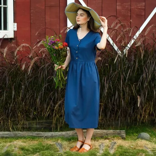Linen V-Neck Front Button Dress - XL, Denim