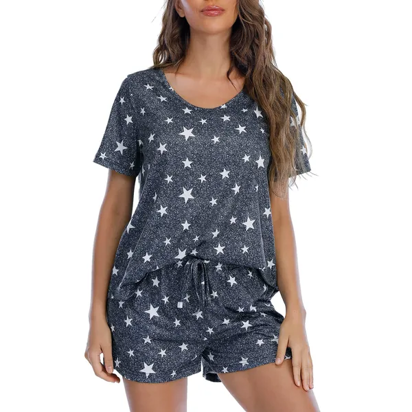 Womens Pajamas Set Shorts Soft Lounge Sets Cute Short Sleeve Sleepwear Pjs with Pockets - X-Large #33 Darkgrey Star