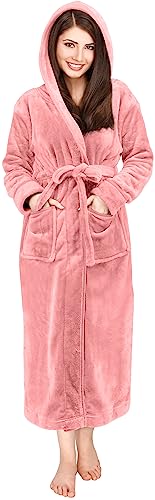 NY Threads Women Fleece Hooded Bathrobe - Plush Long Robe - X-Large - Coral