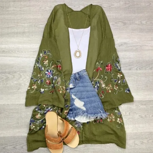 Long sleeve Embroidered Bohemian Kimono - Olive