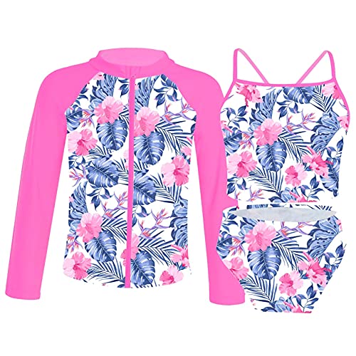 Nimiya Kid Girls 3Pieces Tankini Rashguard Swimsuit Sets Long Sleeves Bathing Suit Flower Swimming Costume - 15-16 Years - Pink Floral