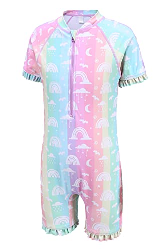 Aisyee Girls Swimsuit Kids One Piece Short Sleeve Swimwear for Girls Swimming Costume 3-16 Years - 15-16 Years - Rainbow