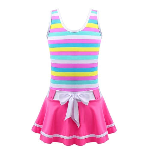TiaoBug Girls One Piece Swimsuit Tankini Kids Rainbow Swim Dress Stripe Tank Skirt Swimwear Holiday Swimming Costume - 13-14 Years - Pink One-piece