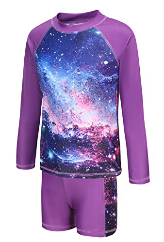 Girls Long Sleeve Swimming Costume Kids Two Piece Rash Guard Swimsuit Set Girls Rash Vest and Shorts Age 5-14 Years - 15-16 Years - Purple Lava