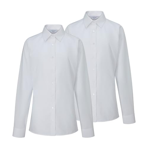 Trutex 2 Pack Long Sleeve White School Blouses for Girls (7-16+ Years) Girls Slim Fit School Shirts, White Shirts for Girls, Easy Iron Girls School Blouses - Genuine School Uniform - 16-18 Years - White