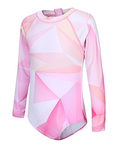 Girls Long Sleeve Swimsuit Kids One Piece Beach Rash Vest Girls Swimming Costume Age 5-16 Years - 15-16 Years - Pink Geometry