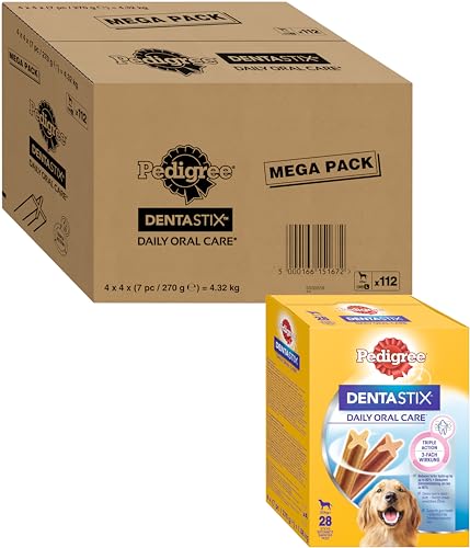 Pedigree DentaStix Daily Oral Care Zahnpflegesnack für große Hunde (+25kg), 112 Stück (1 Großpackung) – Hundeleckerlis mit Huhn– & Rindgeschmack für jeden Tag, für gesunde Zähne - große Hunde