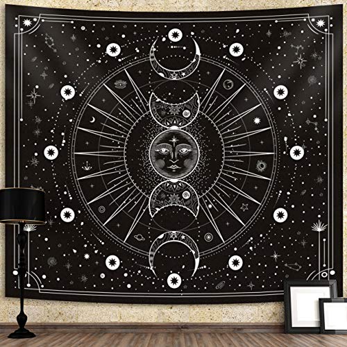 Hihealer Sun Moon Tapestry Wall Hanging Stars Space Psychedelic Black and White Tapestries Wall Tapestry for Bedroom Aesthetic Home Wall Dorm Decor - Mysterious Black - 51.2x59.1 Inches, 130x150 cm
