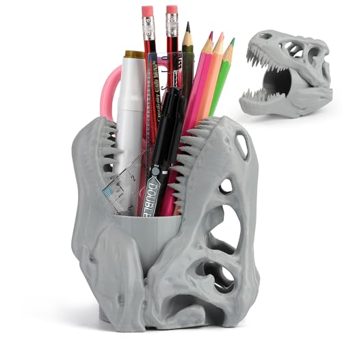 Yoclacr Dinosaur Skull Pen Holder, Pencil Organizer, Office Desk Decor - Unique Dinosaur Skull Gifts for Men and Boys, Gothic Home Decor Grey, Father's Day Gifts for Dad - Grey