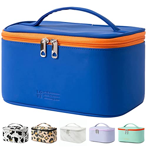 Cute Makeup Bag Small Travel Cosmetic Bags for Women Teen Girls Medium Pouch Toiletry Bag PU Waterproof Organizer Case (Cow) - Cyan Blue