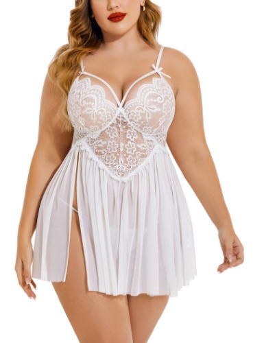 Avidlove Plus Size Lingerie Lace Babydoll Womens Strap Chemise Nightgown V Neck Nighty Mesh Sleepwear Side Slit Nightdress - Plus Size XX-Large 1-white