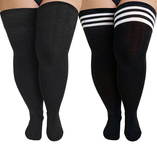 YELAIVP Plus Size Thigh High Socks Extra Large Stripe Over Knee High Stockings for Women - 2 Packs-black