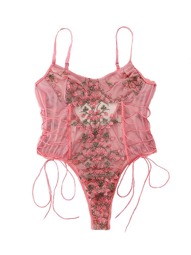 Lilosy Women Sexy Lace Up Floral Embroidered Teddy Lingerie Bodysuit Top Mesh Sheer One Piece - XX-Large Dark Pink