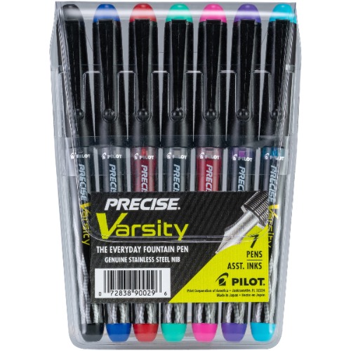 PILOT Pen 90029 Precise Varsity Pre-Filled Fountain Pens, Medium Point Stainless Steel Nib, Black/Blue/Red/Pink/Green/Purple/Turquoise, 7-Pack Pouch - Black/Blue/Red/Pink/Green/Purple/Turquoise 7 Count (Pack of 1)