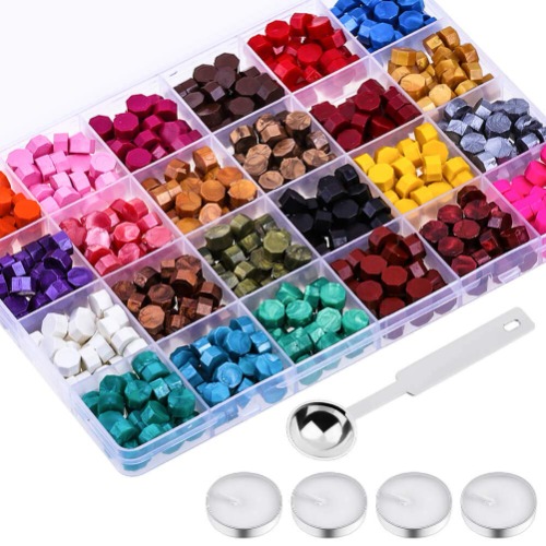 PAXCOO 624Pcs Sealing Wax Beads, Sealing Wax for Wax Seal Stamp, Hexagon Wax Seal Beads with A Wax Spoon and 4Pcs Tea Candles (24 Colors) - 