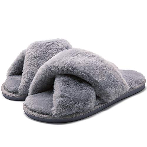 Women's Fluffy Fuzzy Slippers 9-10 - Grey