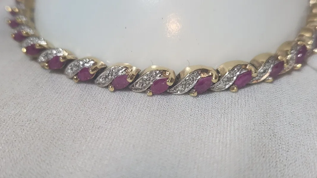 Pink Purple Tourmaline Pave Diamond Cut Bracelet 14K Gold over 925 Sterling 7.5 