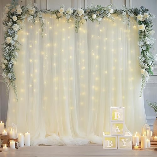 10x8ft Ivory Tulle Backdrop Curtain with Lights String for Parites, Sheer Backdrop Curtains for Wedding Baby Shower Birthday Party Photo Shoot Decorations - Ivory - 10ft x 8ft(2 Panels 5*8ft)