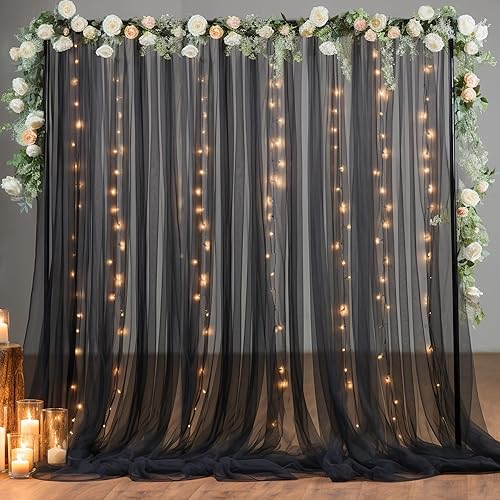 10x8ft Black Tulle Backdrop Curtain with Lights String for Parites, Sheer Backdrop Curtains for Wedding Baby Shower Birthday Party Photo Shoot Decorations - Black - 10ft x 8ft(2 Panels 5*8ft)