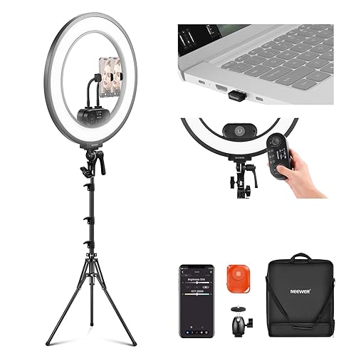 NEEWER 18 Inch Edge Lit Ring Light Kit 45W 3300lux 2900K-7000K 12 Scenes with APP 2.4G PC Mac Control Magnetic Detachable Remote Controller Stand Bag for Makeup TikTok Instagram Live Stream, RL45B - RL45B w/2 Phone Holders