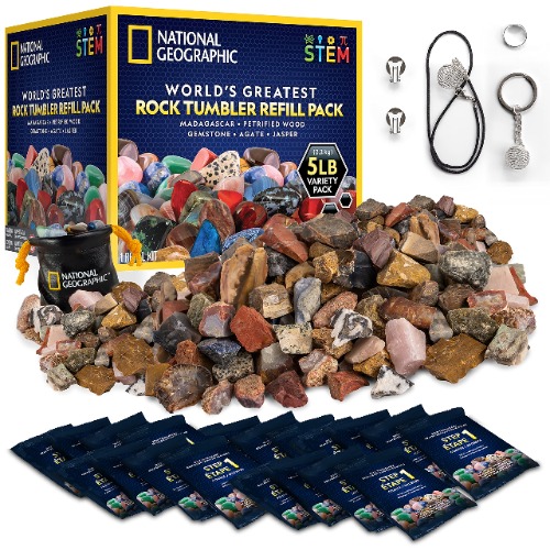 NATIONAL GEOGRAPHIC Rock Tumbler Refill – 2268g Mix of Rocks and Gemstones for Rock Tumblers, Includes Agate, Jasper, Petrified Wood, Gemstone, and More, 5 Jewellery Settings and Polishing Grit