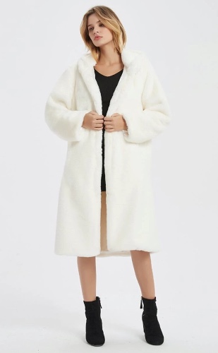 Womens Hooded Faux Fur Coat with Pockets - White / S