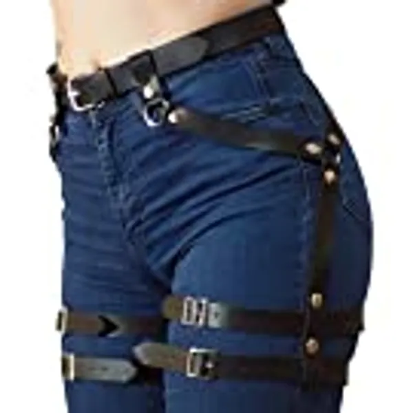 Sethain Punk Leather Waist Chain Black Layered Strappy Thigh Chain Adjustable Leg Chians Clubwear Body Accessories for Women and Girls