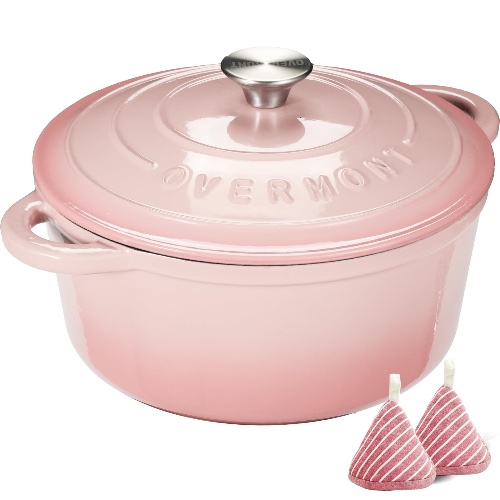 Overmont Braadpan van emaille gietijzer, stoofpan, 26 cm, geschikt voor de oven, met deksel en kookboek, voor keuken, bakken, smoren, braden, roze - 26CM - roze