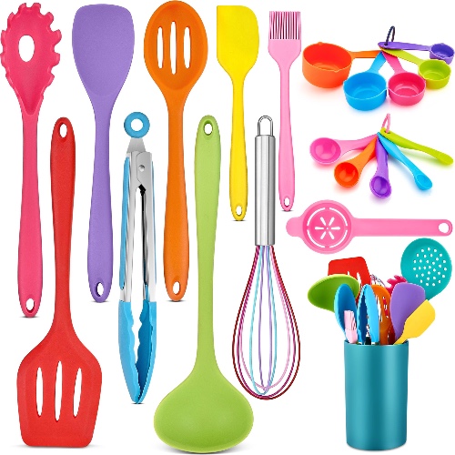 HaWare Keukenhulp, 21 stuks siliconen keukengerei, kookbestekset, hittebestendig kookgerei kookgerei met gebruiksvoorwerpenhouder, anti-aanbakkeuken, keukenset voor koken, bakken, vaatwasserbestendig, - Meerkleurig